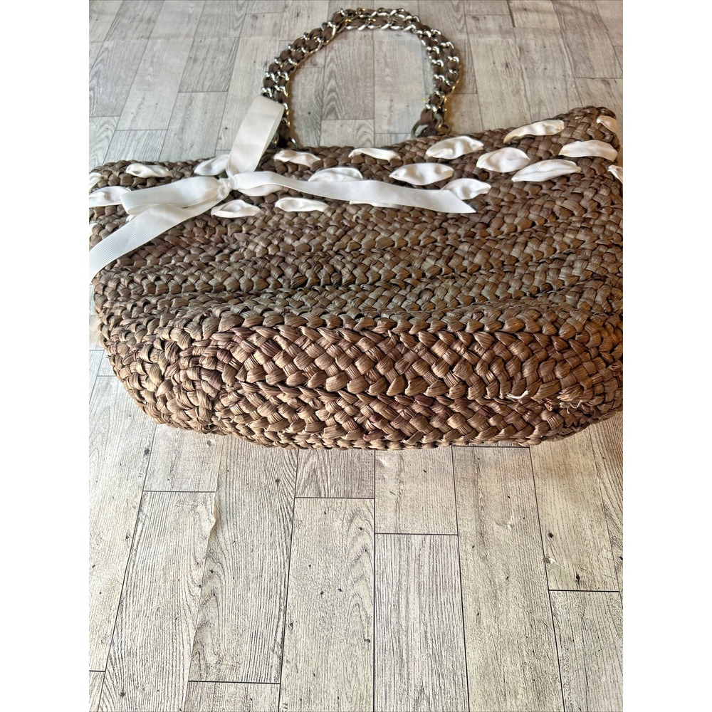 Raffia Bucket Tote Bag Boho Beach Vacation Travel Straw Shell Bow Medium - Picture 5 of 16